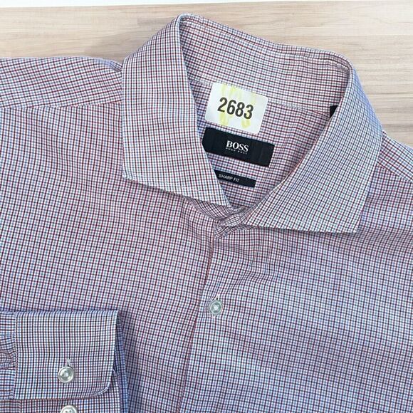 HUGO BOSS BLACK LABEL DRESS SHIRT SHARP FIT SPREAD COLLAR PLAID REDBLUE 17 34/35 - Picture 1 of 10
